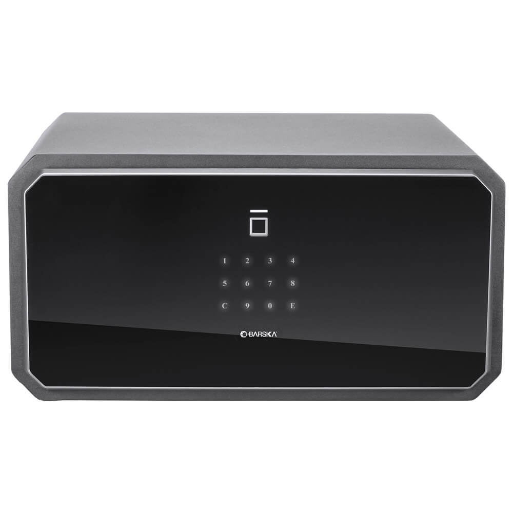 Barska AX13934 Obsidian home safe with touchscreen biometric keypad, showing secure lock and digital control panel on black safe.
