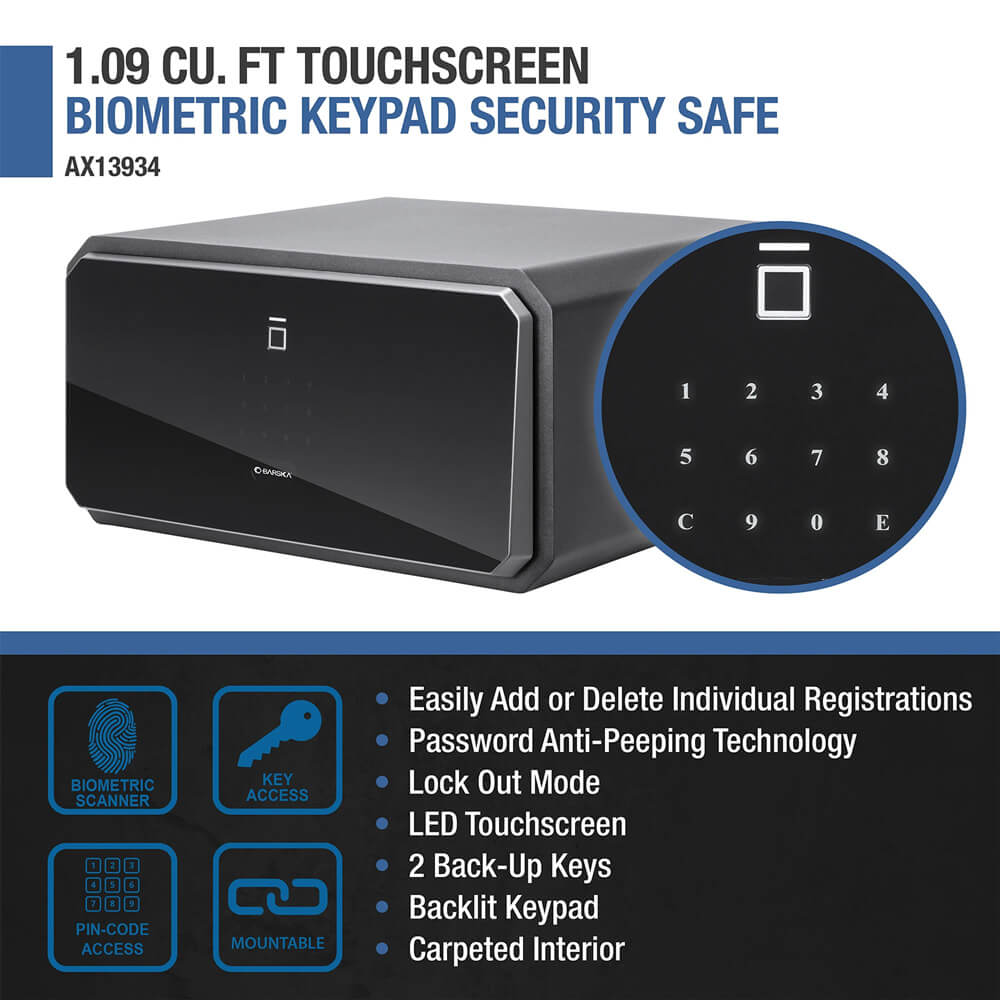 Barska Obsidian 9-User touchscreen biometric home safe with digital keypad and secure locking system.