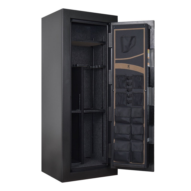 Interior view of Browning Full Metal Jacket FMJ 16 gun safe showing secure storage compartments and sturdy metal construction.