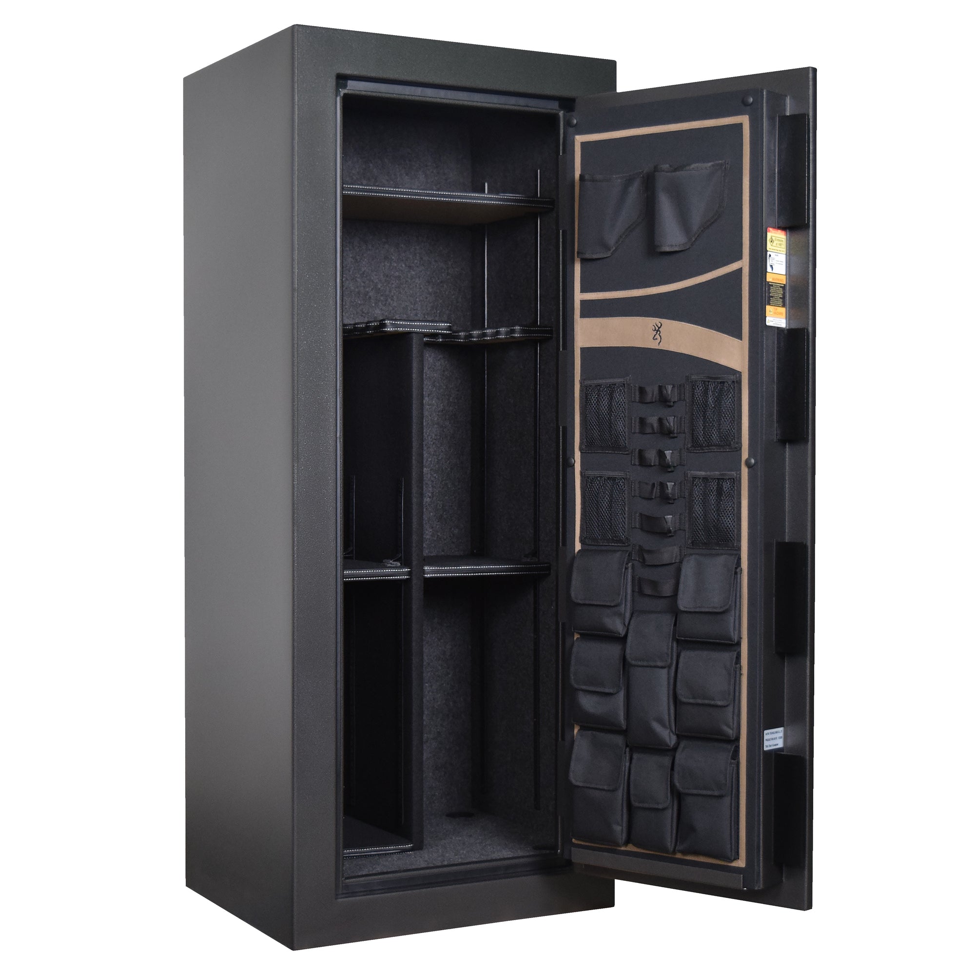 Interior view of Browning Full Metal Jacket FMJ 20 gun safe showing secure shelving and interior storage compartments.