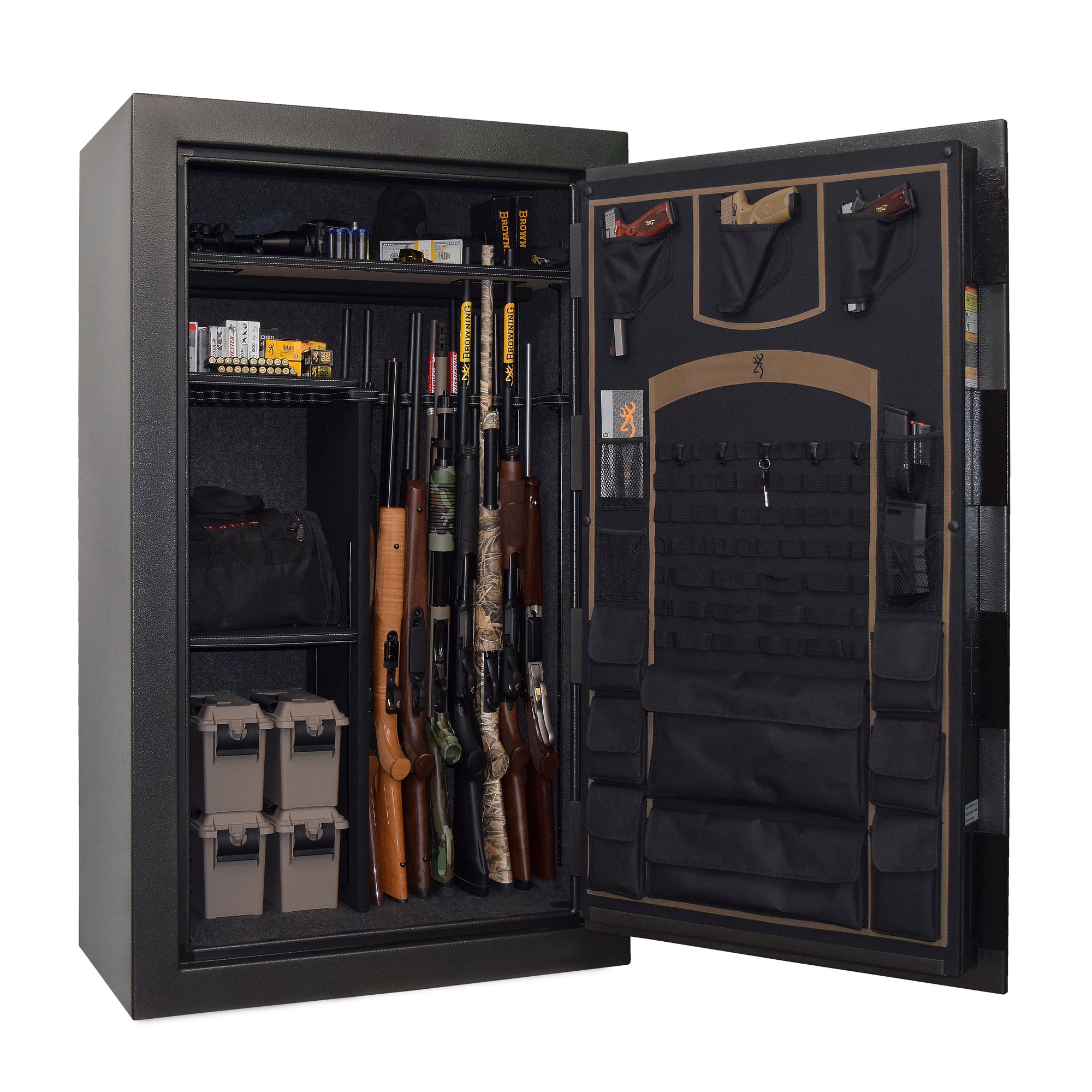 Interior view of Browning Full Metal Jacket FMJ 32 gun safe with securely stored firearms and organized shelving.