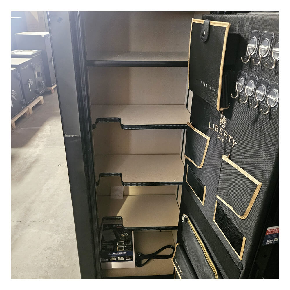 Used Dean Safe Liberty Premium 17 LP17 home safe in black gloss with visible paint scratches and blemishes, durable and secure storage.