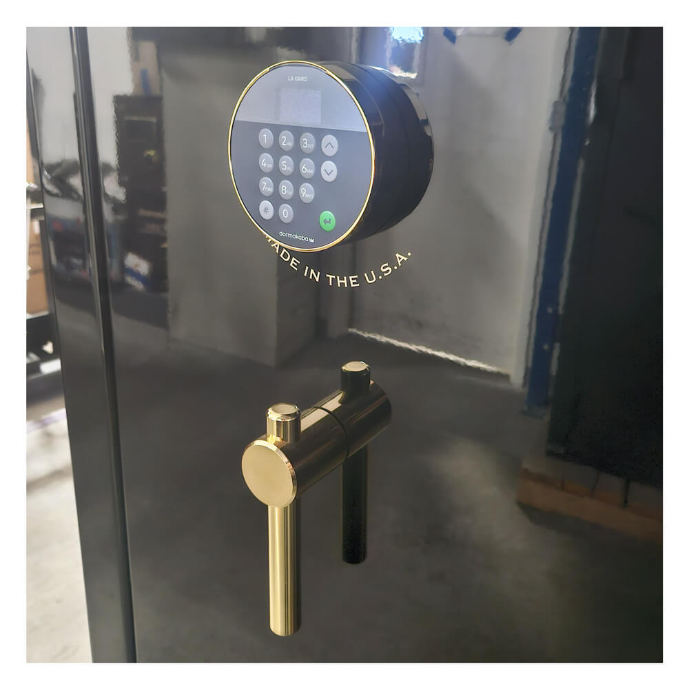 Used Dean Safe Liberty Premium 17 LP17 home safe in black gloss with visible paint scratches and blemishes on the exterior.