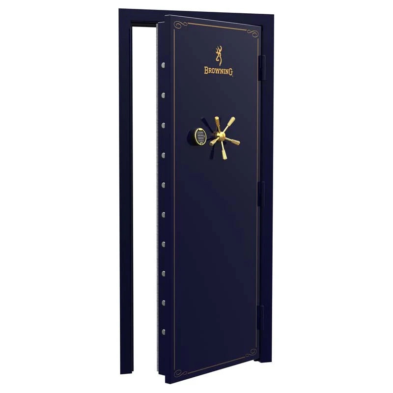 Browning Standard Out-Swing Vault Door showing sturdy steel construction with blue and gold finish and secure locking mechanism
