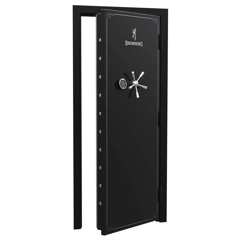 Browning Standard Out-Swing Vault Door with black finish and chrome hardware, designed for secure storage and protection.