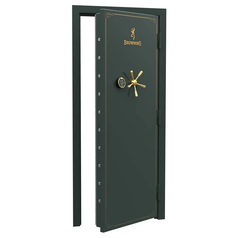 Browning Standard Out-Swing Vault Door with green and gold finish, heavy-duty steel construction, and secure locking mechanism.