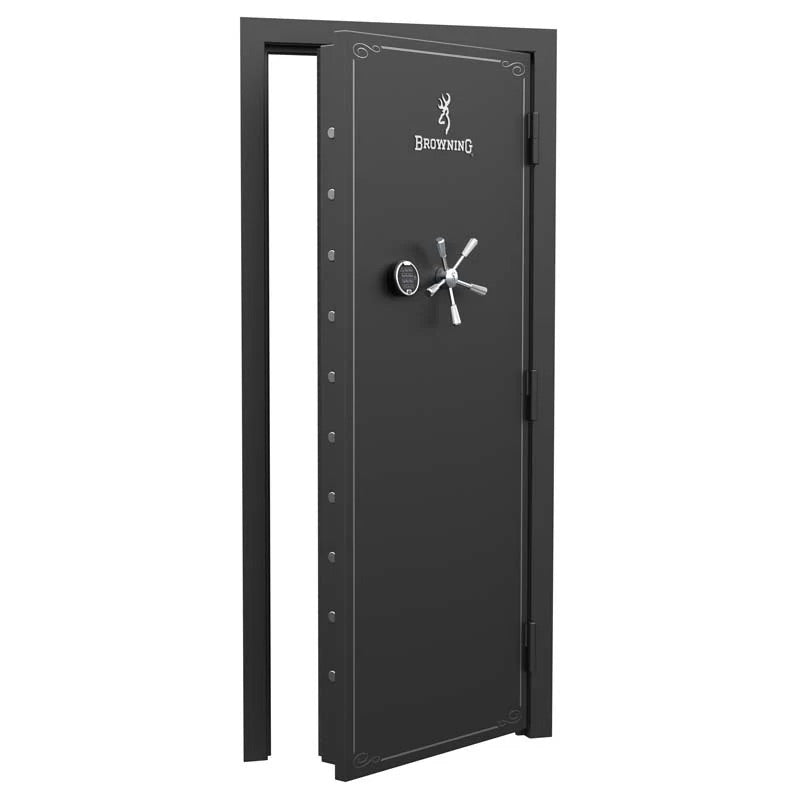 Browning Standard Out-Swing Vault Door with black finish and chrome accents, secured in a metal vault door opening.