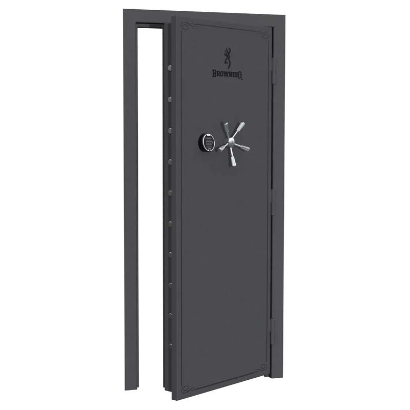 Browning standard out-swing vault door with chrome finish, sturdy metal construction, and secure locking mechanism.