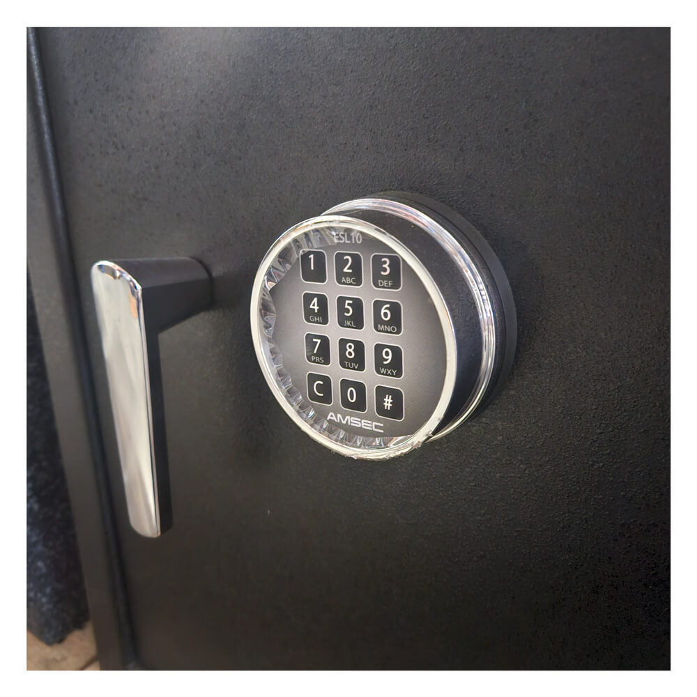 Used Dean Safe AMSEC BF2116 fire-rated burglary safe with black exterior and digital keypad lock, UL listed for security.