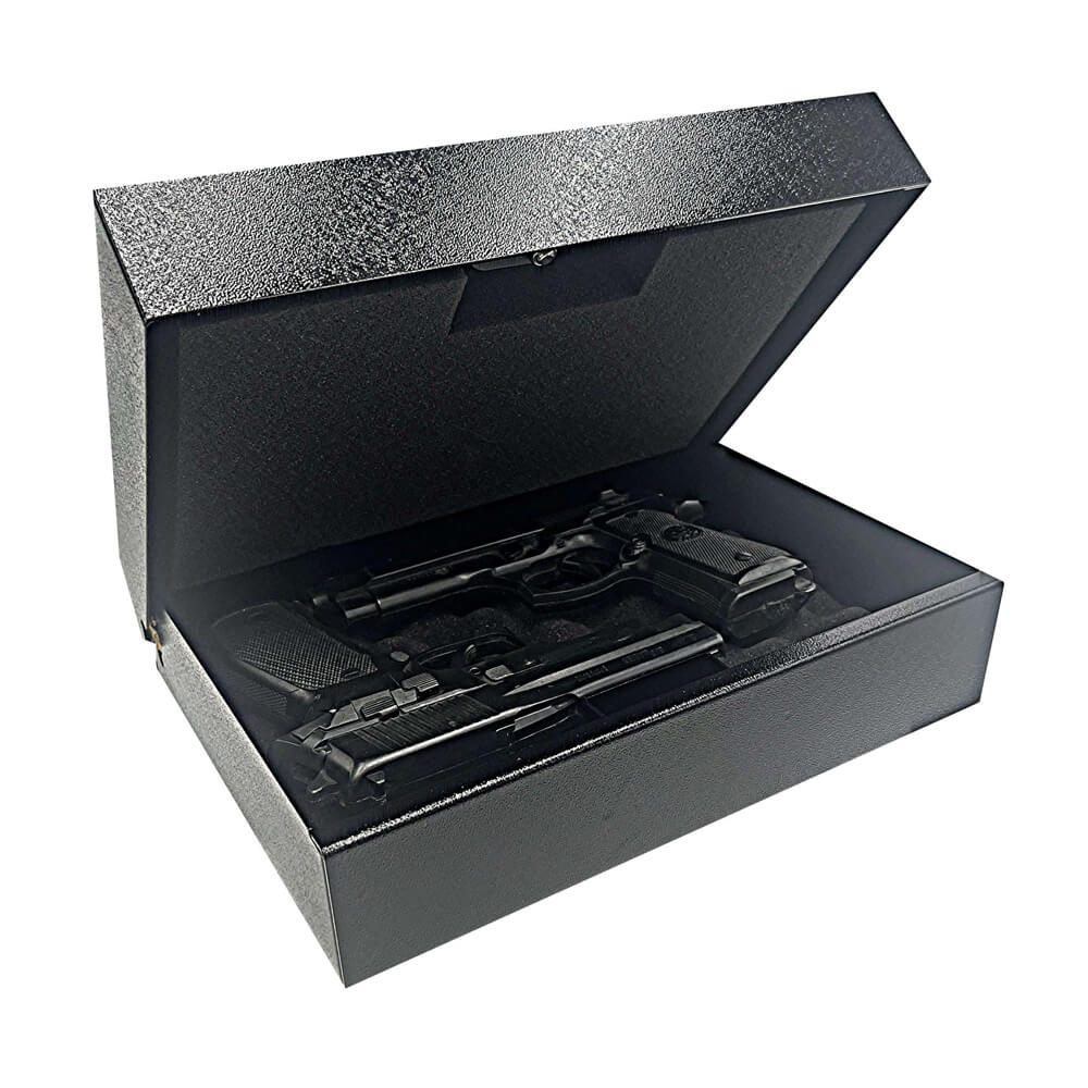 Interior view of V-Line E-Z Vault TD handgun safe showing foam padding and secure storage compartments for handguns.