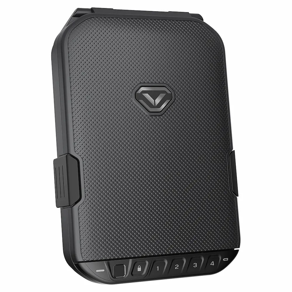 Vaultek LifePod 10 biometric rugged weather-resistant portable safe, anti-theft lock box in gray, with biometric fingerprint scanner.