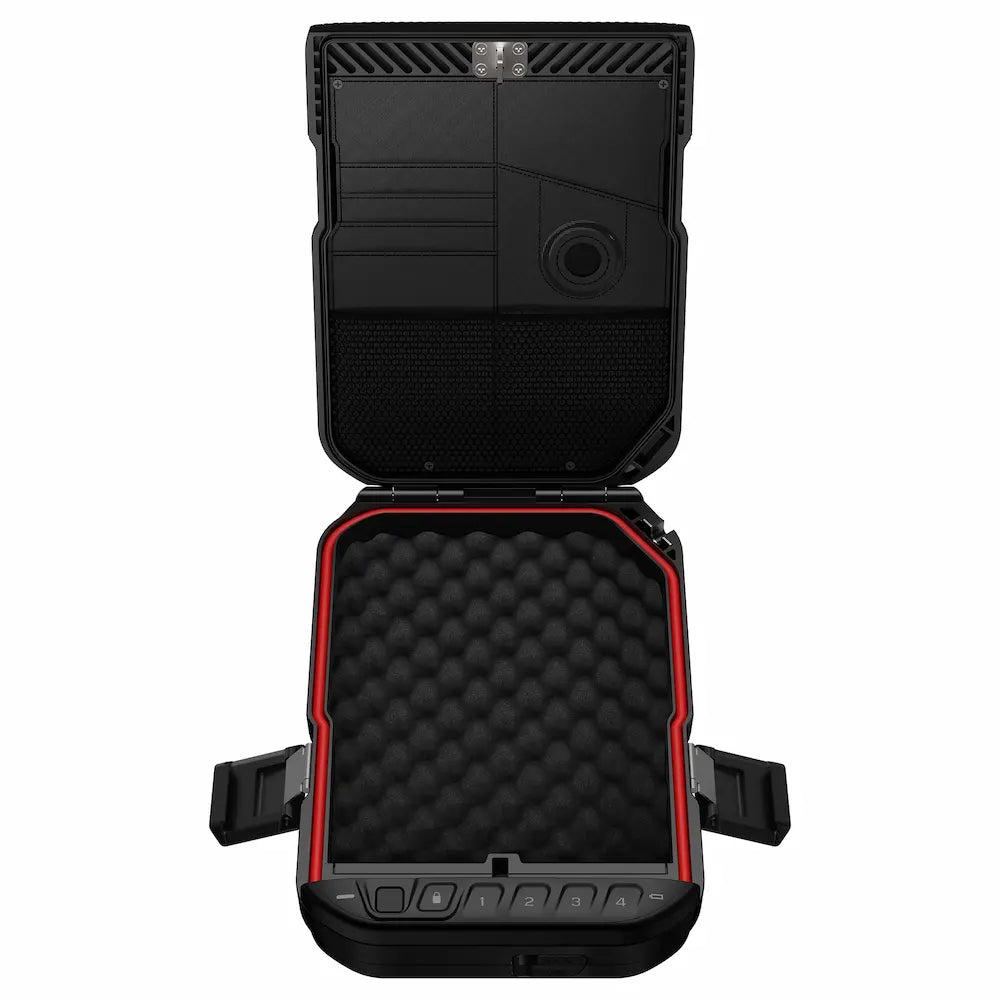 Open Vaultek LifePod 10 biometric rugged safe showing keypad and biometric scanner for secure, portable anti-theft storage.