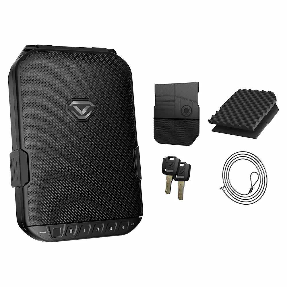 Black Vaultek LifePod 10 biometric rugged portable safe with anti-theft lock box design and weather-resistant features.