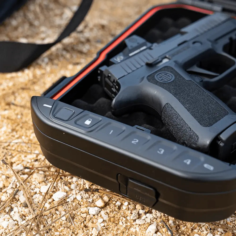 Open Vaultek LifePod 10 biometric portable safe showing secure lock mechanism and rugged weather-resistant design.