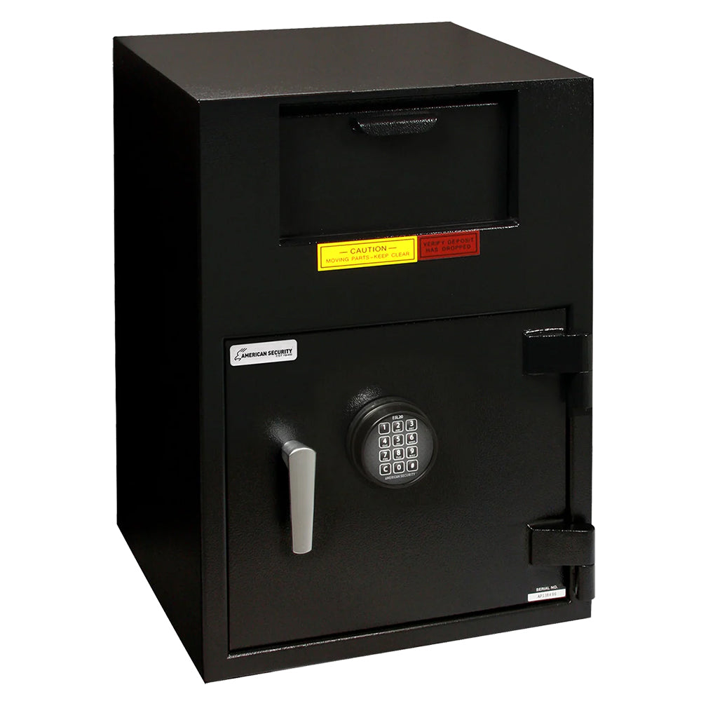Closed view of American Security BWB3020FL front load depository drop safe with secure locking mechanism.