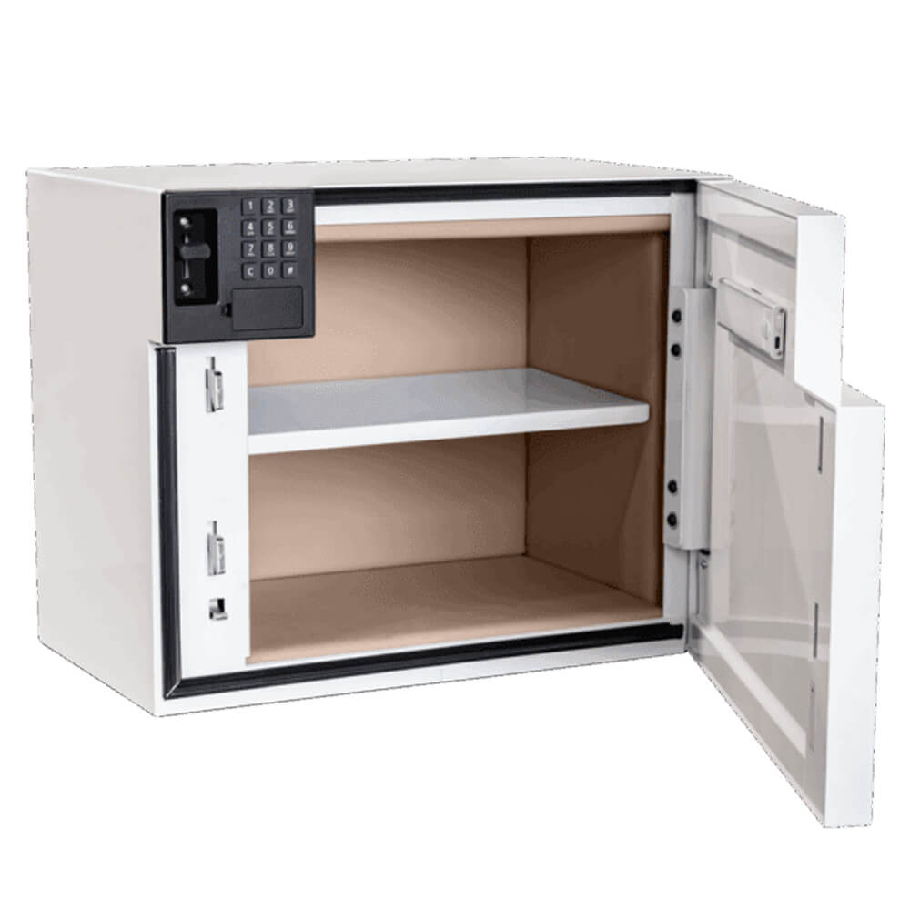 Open American Security CS1620 home safe showing interior storage with digital keypad and sturdy steel construction.