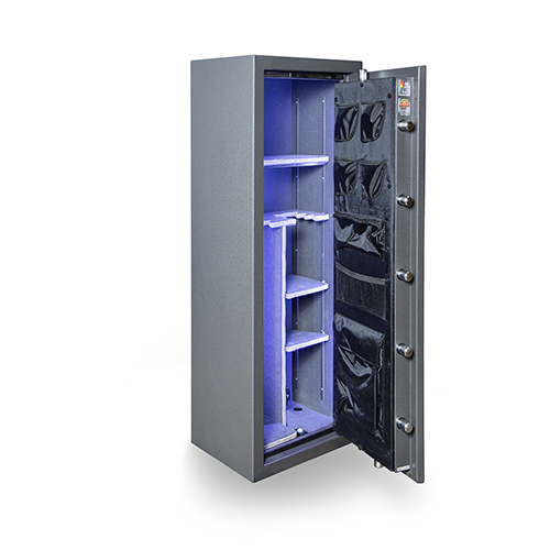 Open Hollon BHS-16 Black Hawk gun safe showing interior shelving and secure storage for firearms and valuables.