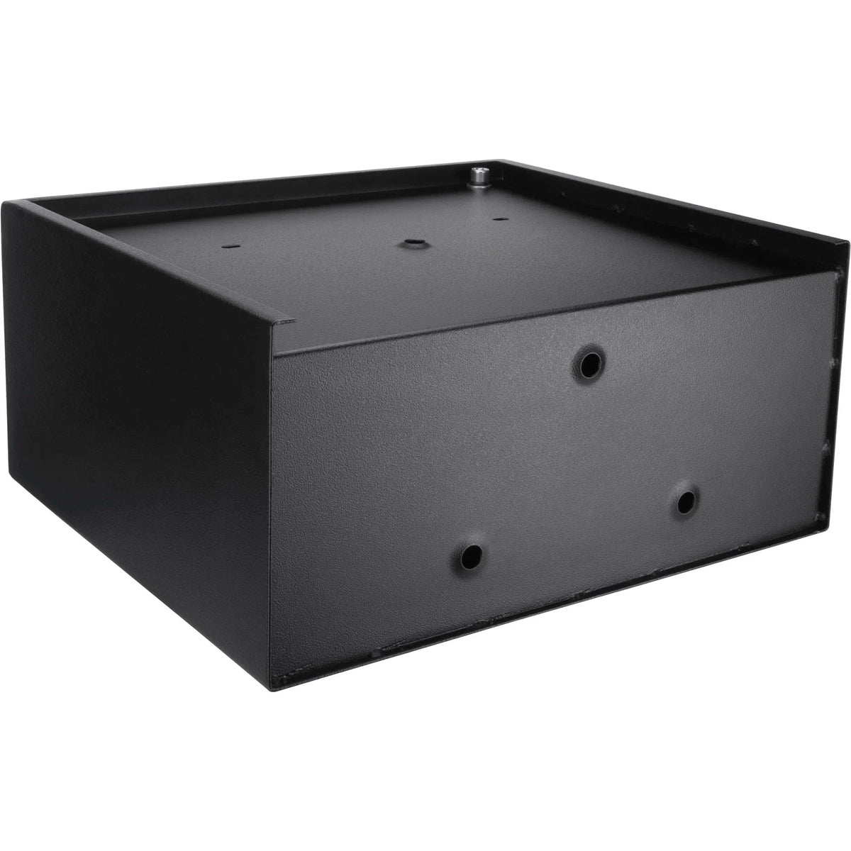 Underside of a black Barska AX11224 safe with multiple holes on a white background