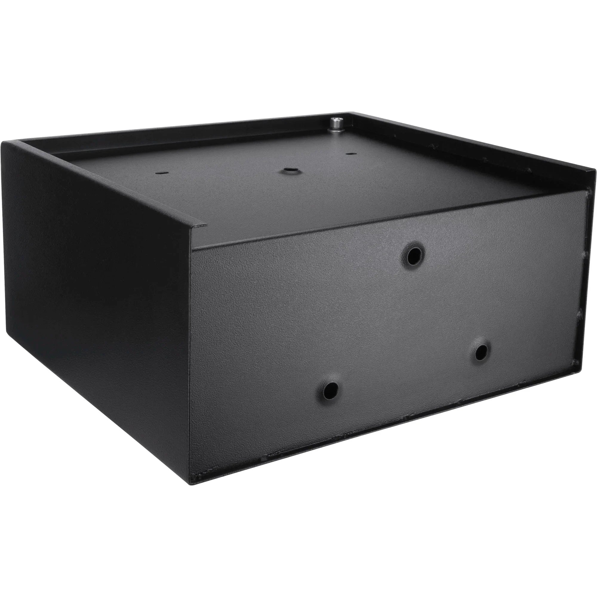 Underside of a black Barska AX11224 safe with multiple holes on a white background