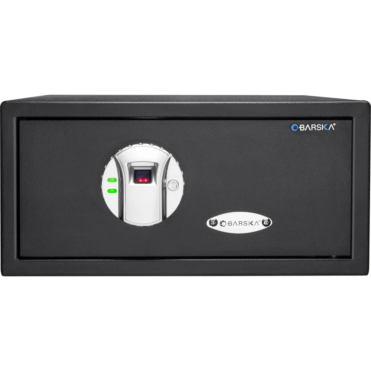 Black safe box with digital keypad on a white background, featuring the Barska logo.