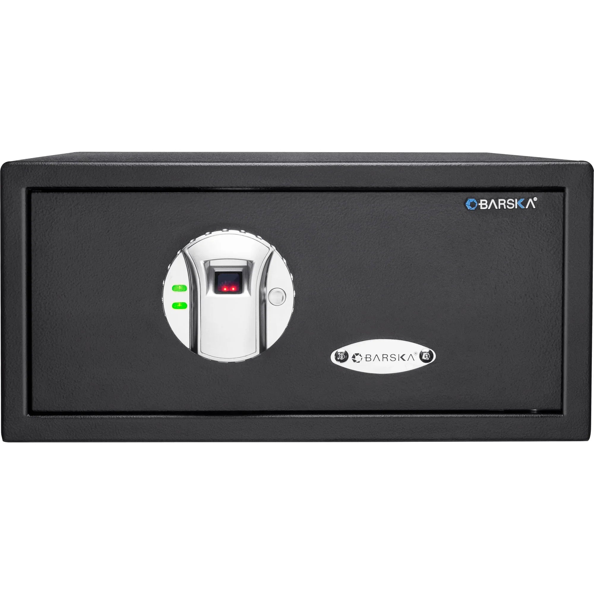 Black safe box with digital keypad on a white background, featuring the Barska logo.