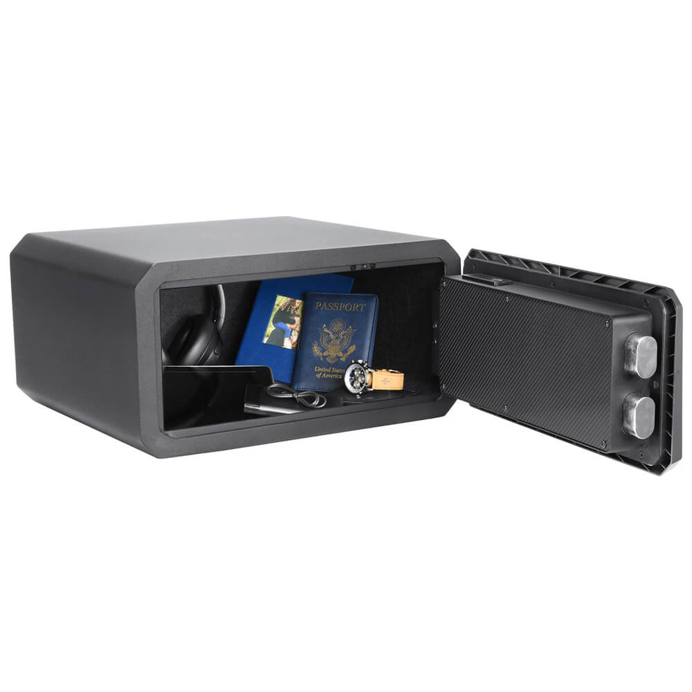 Barska Obsidian 9-user touchscreen biometric home safe with digital keypad and secure lock system.