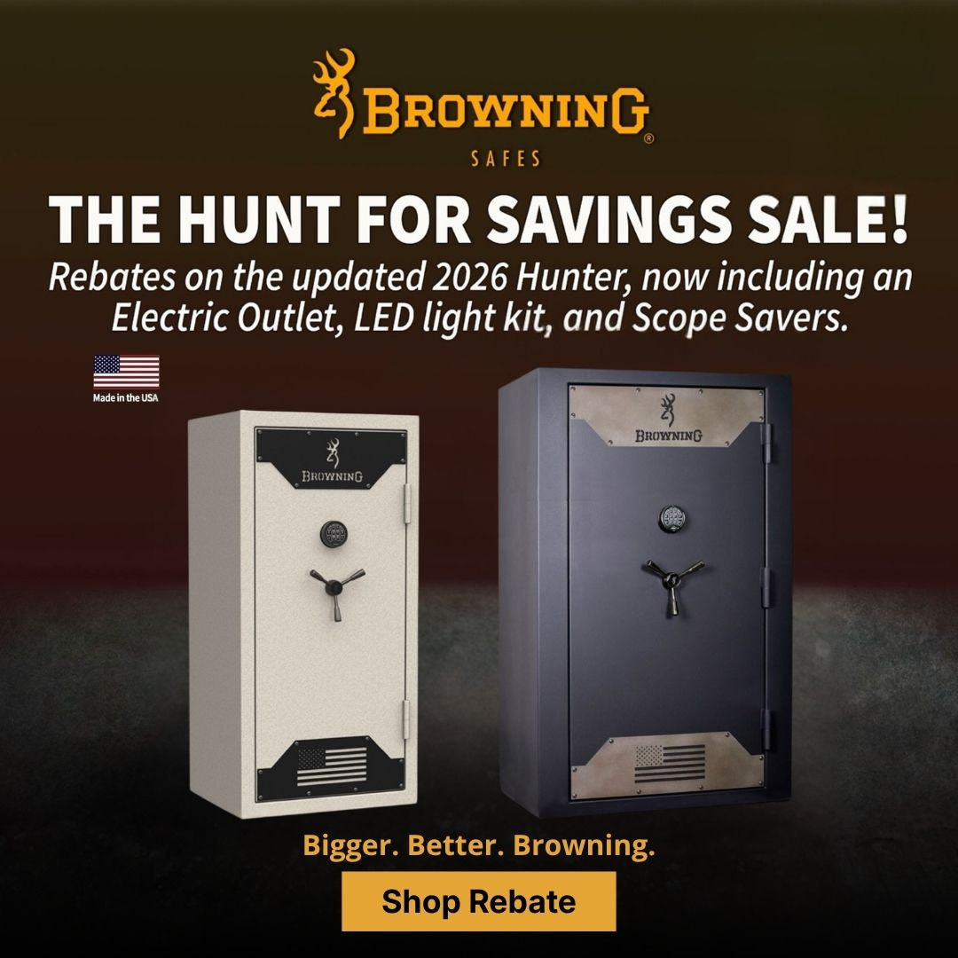 Browning safes promotional graphic showing two safes against a dark brown gradient background with sale text and a 'Shop Rebate' button. The left safe is off-white with black trim, and the right safe is dark gray with metallic silver trim.