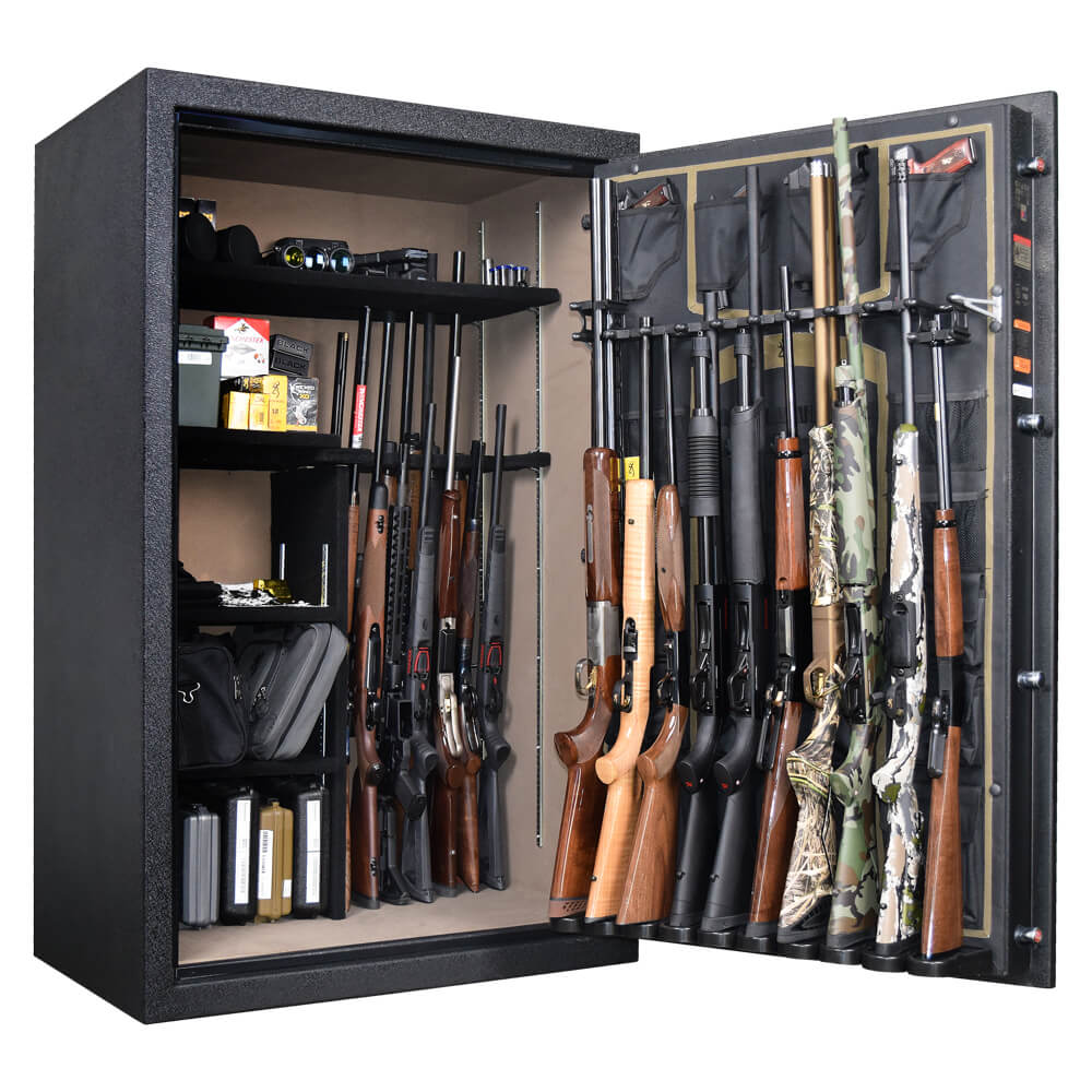 Interior of Browning Yellowstone YS40 gun safe showing organized storage for rifles and pistols with secure shelving.