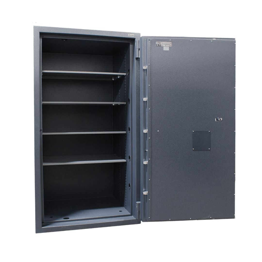 Large gray safe with open door on a white background
