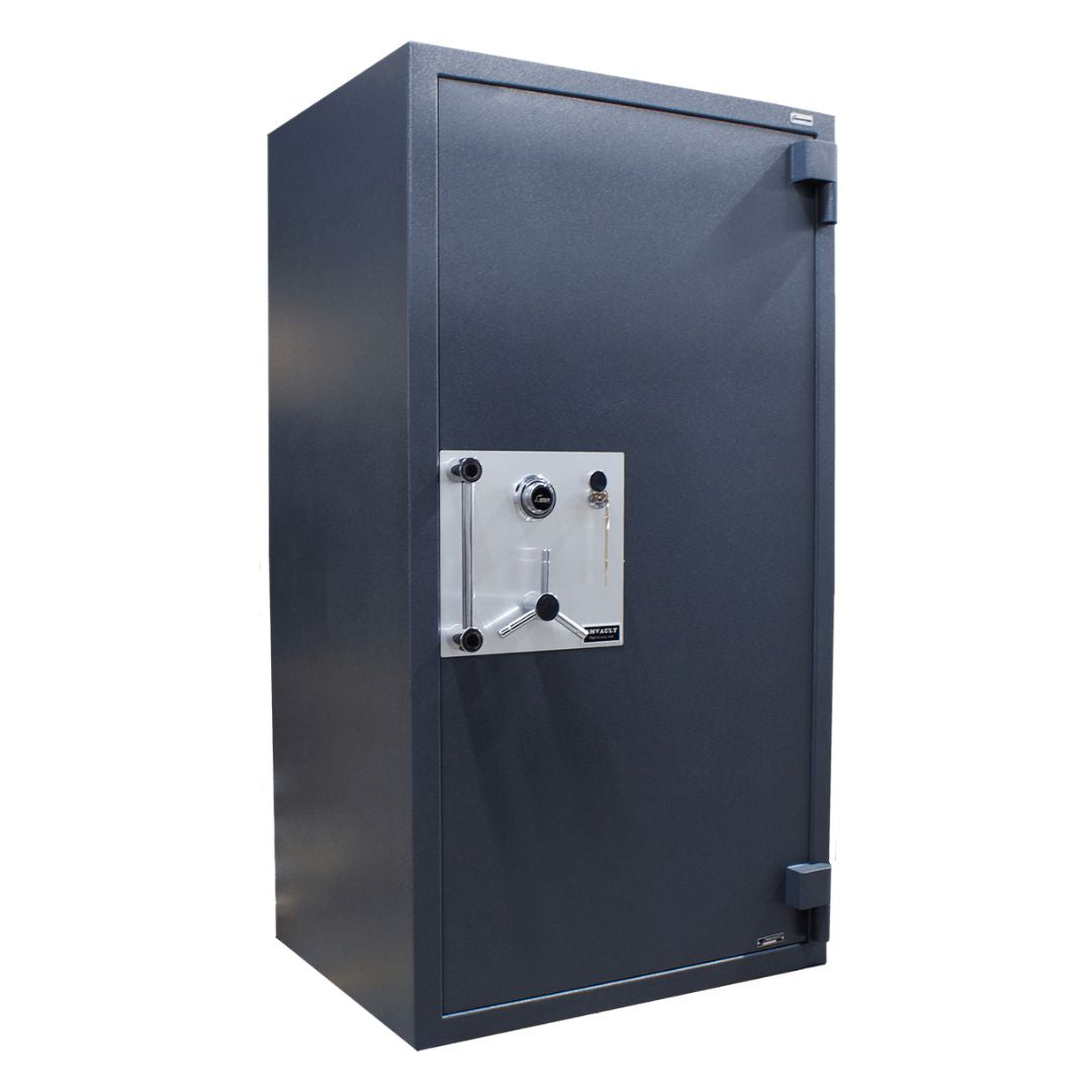 Charcoal safe box with a silver electronic keypad on a white background