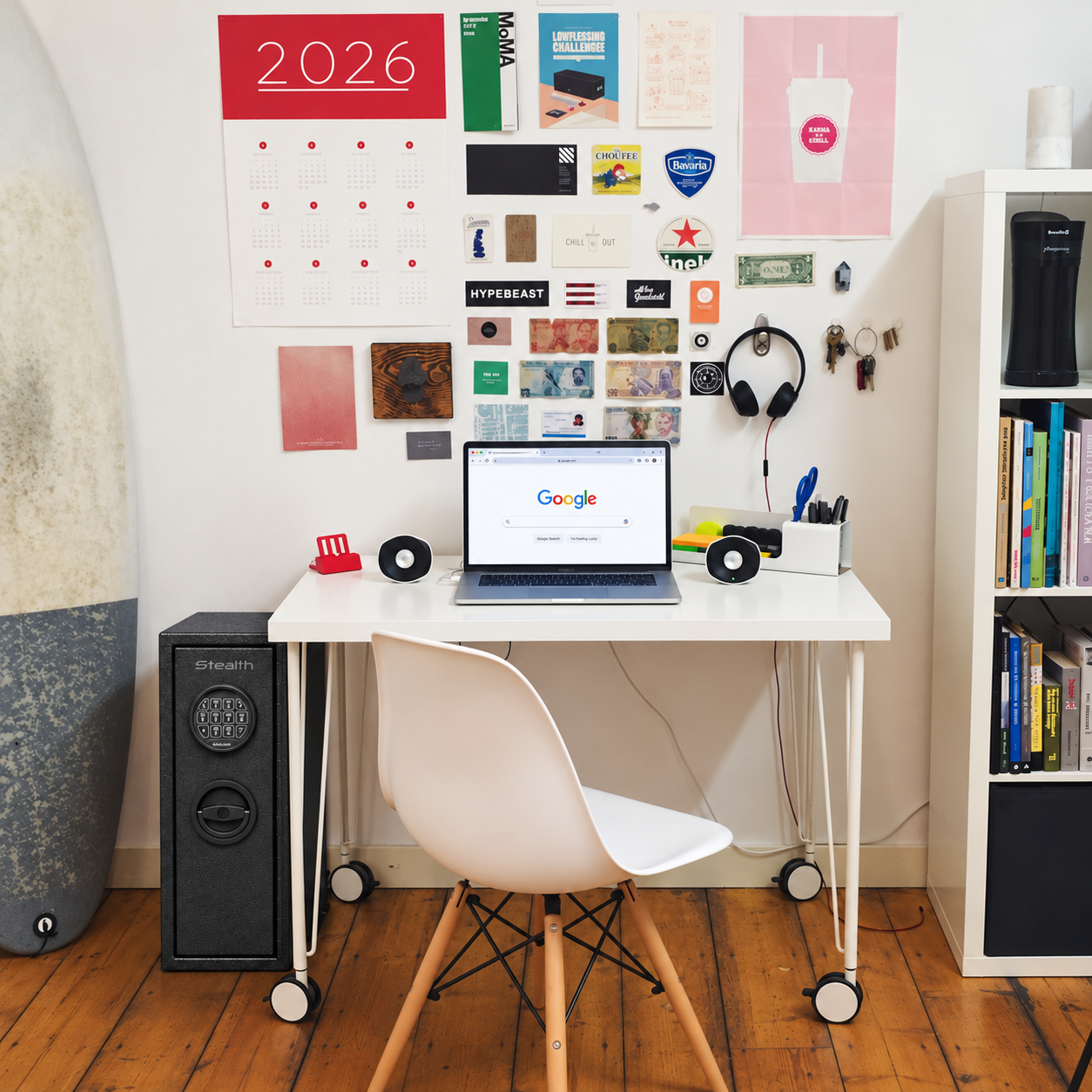 Stealth Compact College Dorm & RV Safe anti-theft lock box on a minimalist workspace, designed for secure storage.