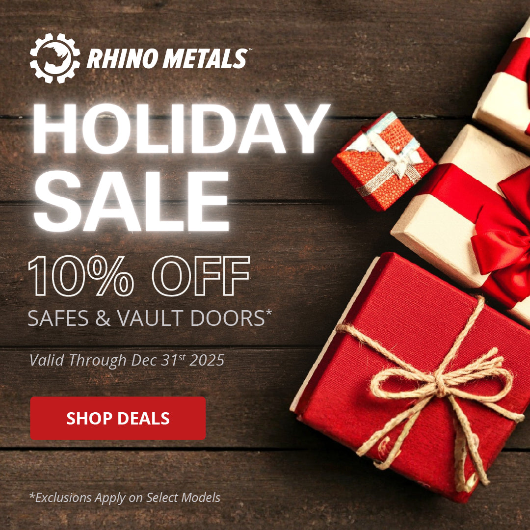 Promotional banner for Rhino Metals holiday sale with gift boxes on a wooden background