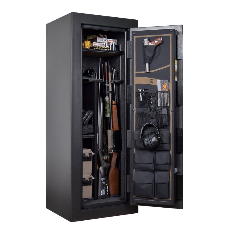 Interior view of Browning Full Metal Jacket FMJ 16 gun safe showing organized space for firearms and accessories.