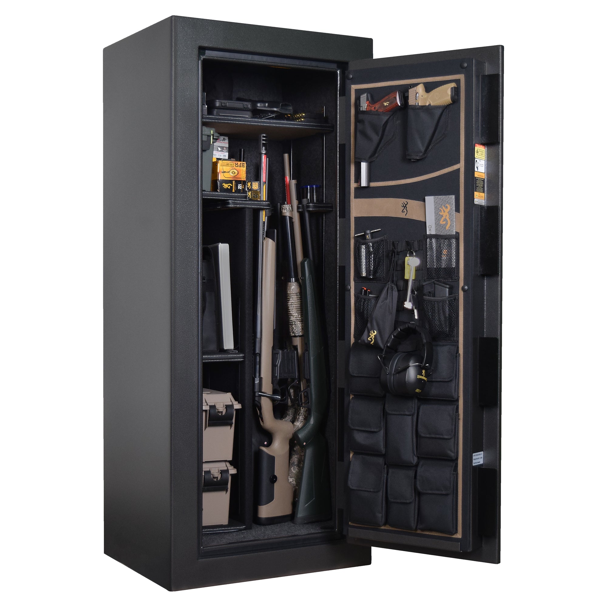 Interior view of Browning Full Metal Jacket FMJ 20 gun safe with secured firearm storage and organized shelving.