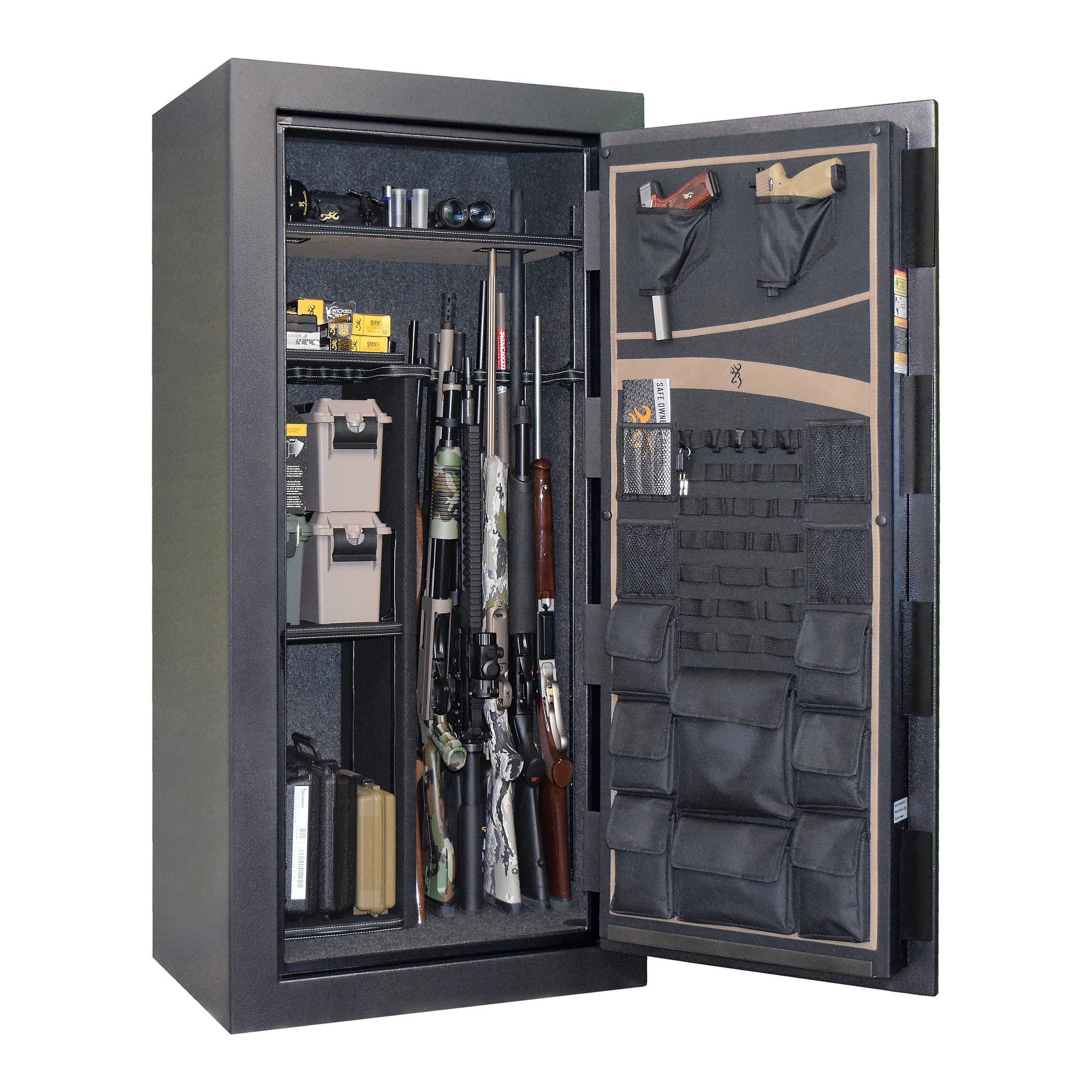 Interior of Browning Full Metal Jacket FMJ 24 gun safe showing organized storage for rifles and handguns.