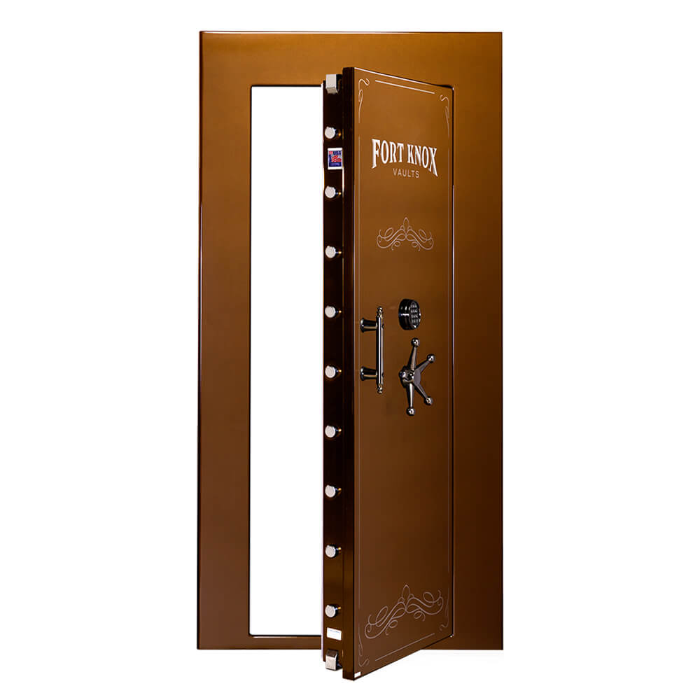 Fort Knox Out-Swing Vault Door with sturdy metal construction and secure locking mechanism, designed for high security.