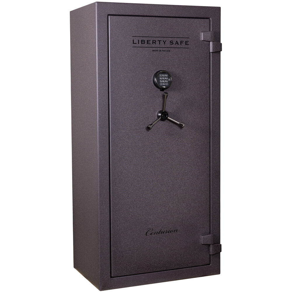 Liberty Centurion 24 gun safe in red with closed door, forged steel construction, secure storage for firearms.