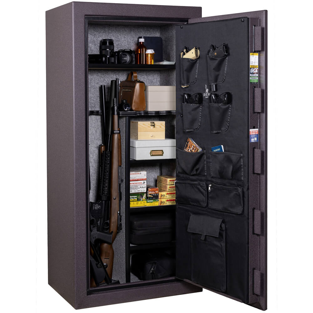 Open Liberty Centurion 24 CN24 gun safe with reinforced forged steel door and red interior, secure storage for firearms.