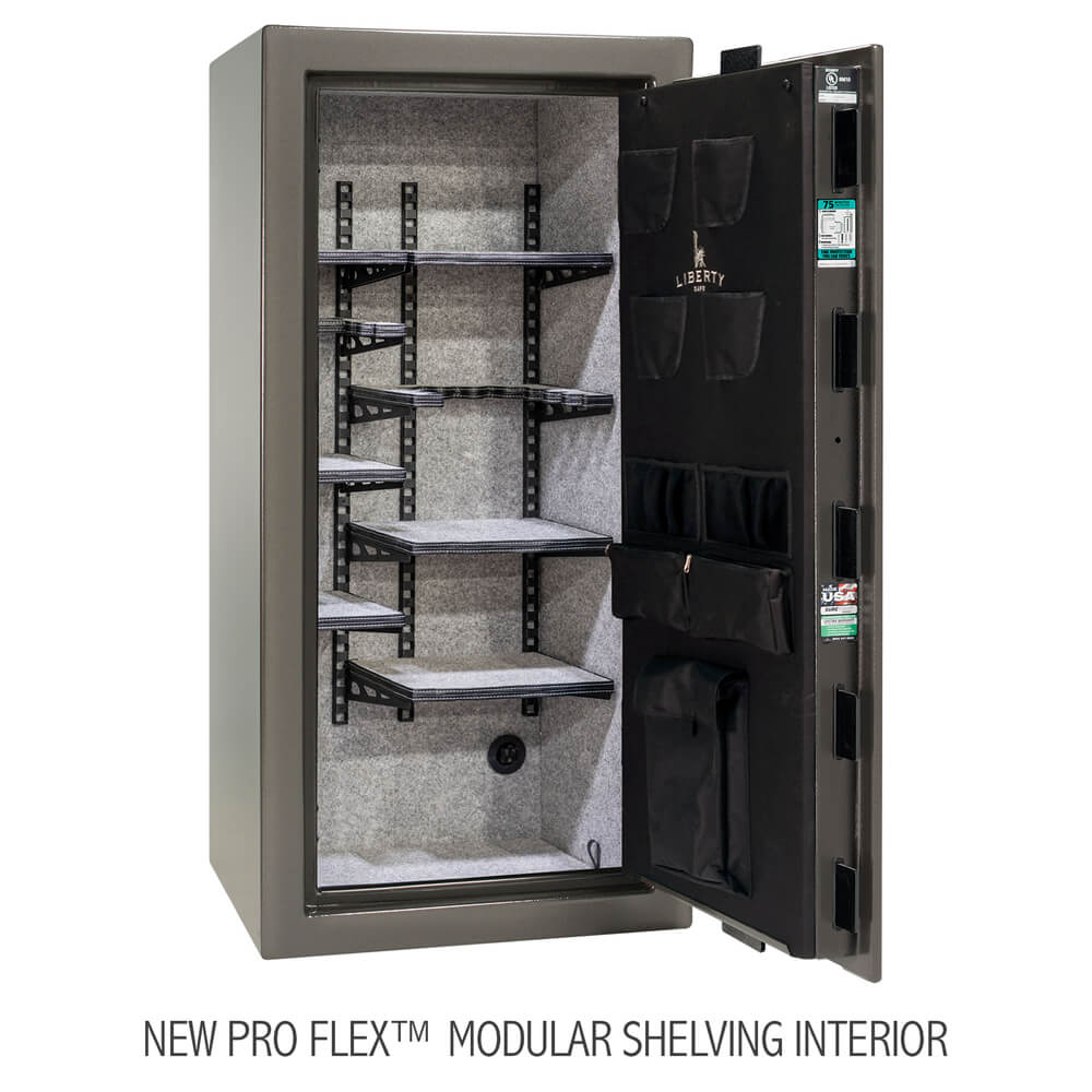 Liberty Gun Safe Colonial 23 CO23, a gray closed rifle safe with an upgraded Pro Flex modular shelving interior