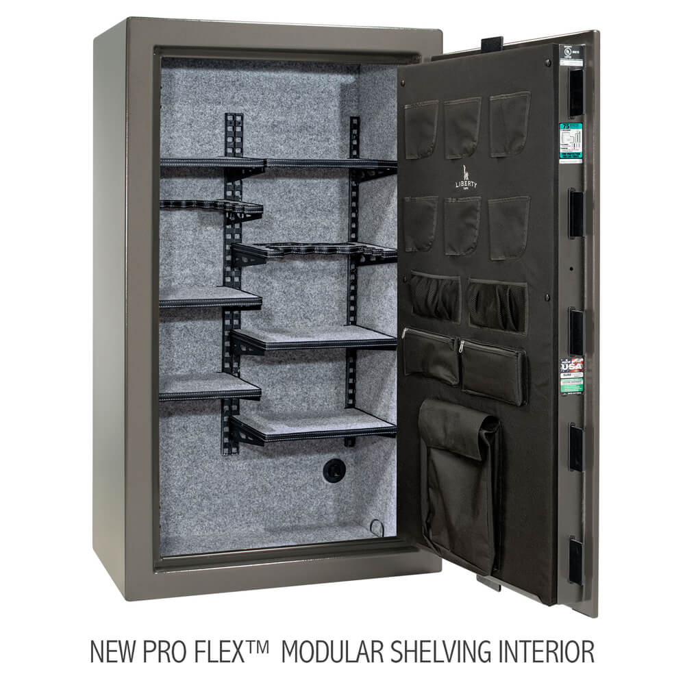 Liberty Gun Safe Colonial 30 CO30, a gray open rifle safe with upgraded Pro Flex modular shelving interior