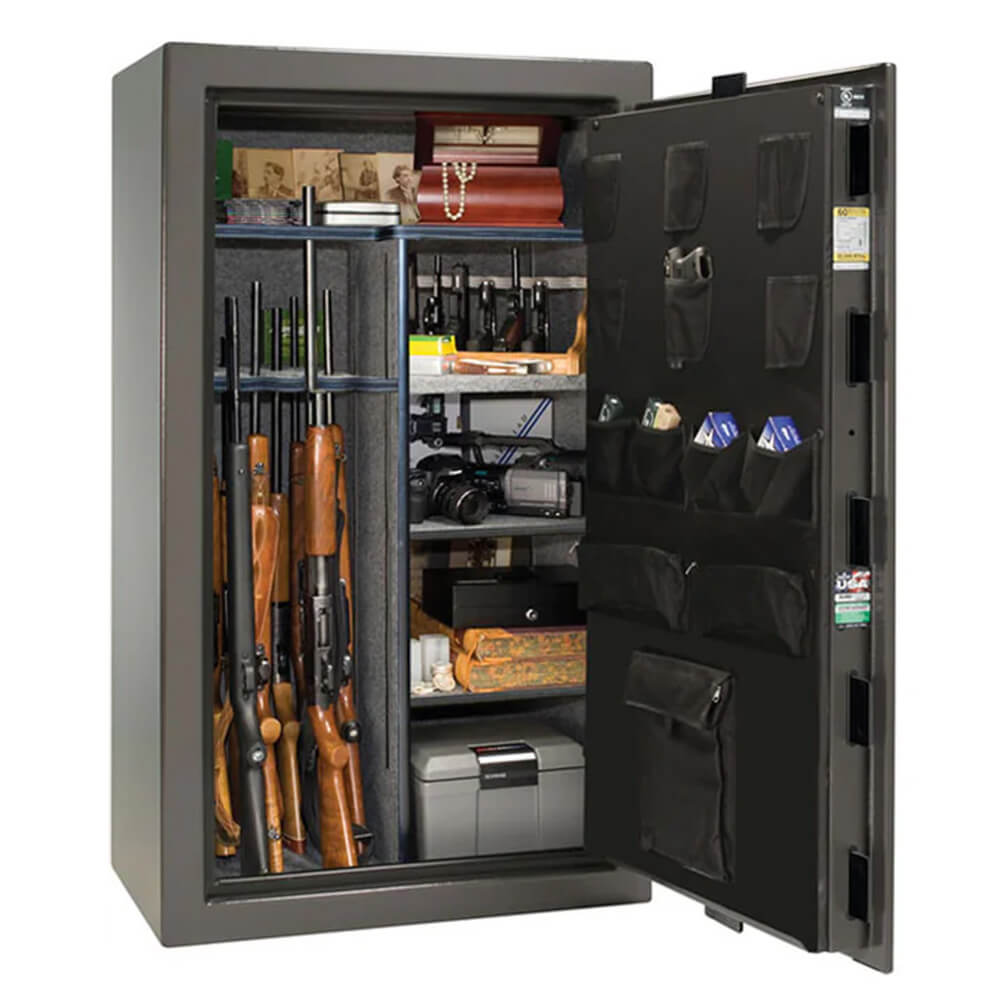 Liberty Colonial 30 CO30 gray gun safe interior with secure shelving and storage compartments for firearms and valuables.
