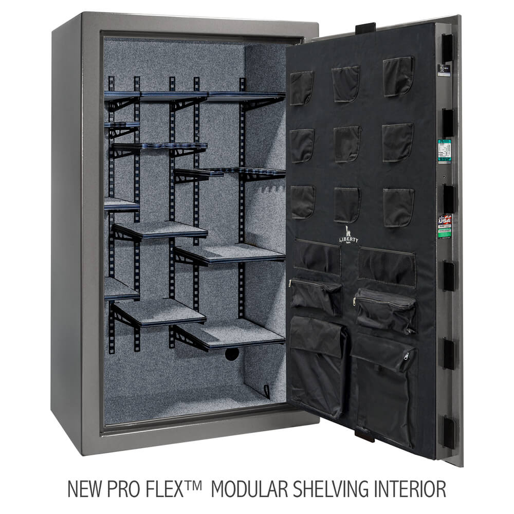 Liberty Gun Safe Colonial 50 CO50, a gray closed rifle safe with an upgraded Pro Flex modular shelving interior