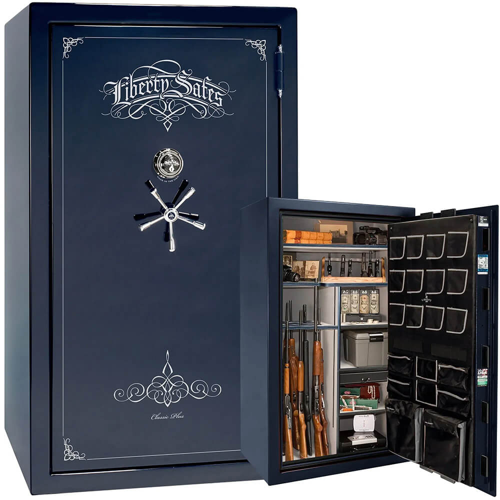 Liberty National Classic Plus 50 gun safe with blue gloss finish and secure lock, designed for firearm storage and protection.