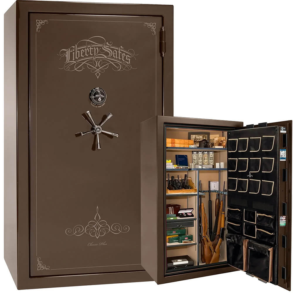 Liberty National Classic Plus 50 gun safe in bronze gloss finish with secure locking and spacious interior for firearm storage.