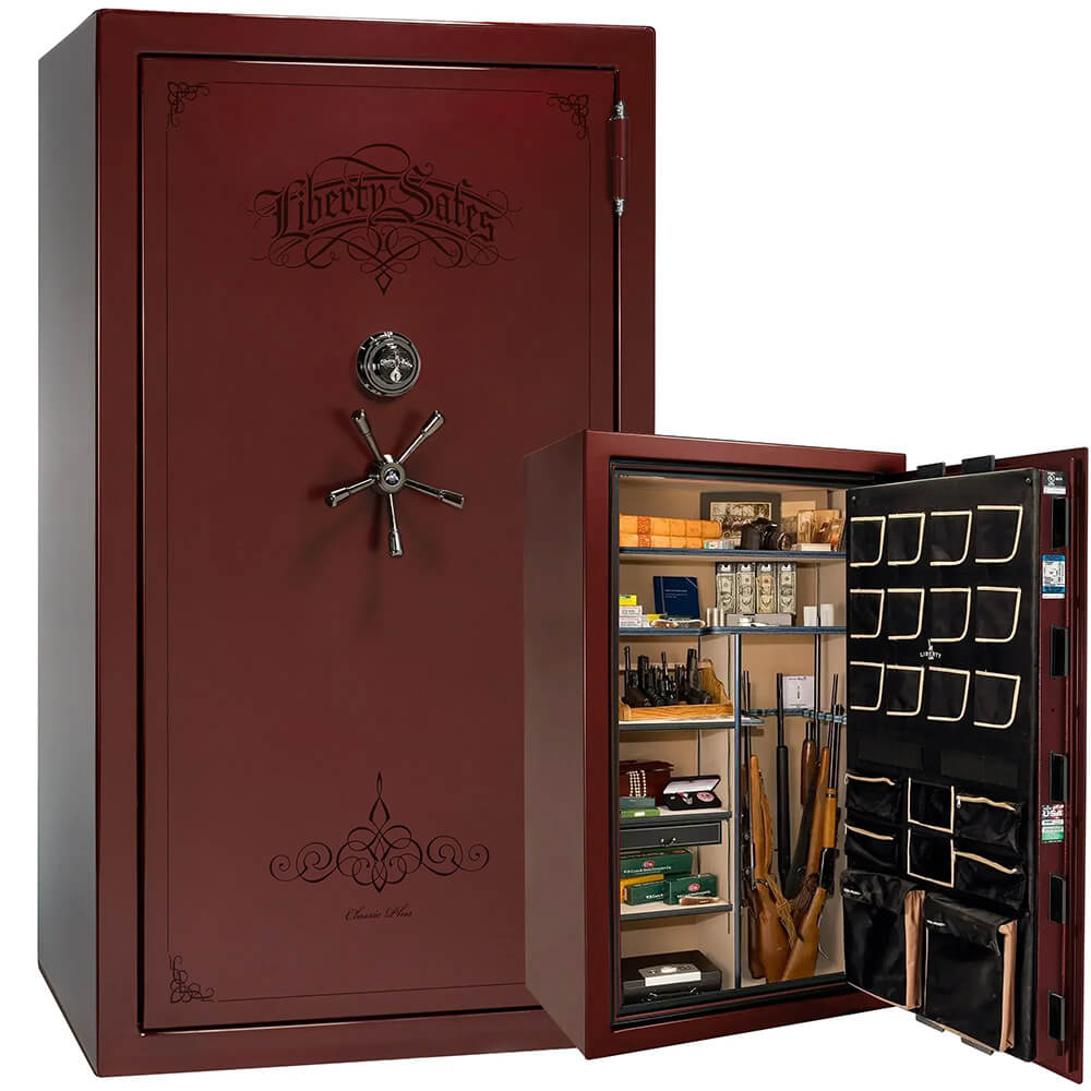 Liberty Classic Plus 50 Gun Safe with burgundy marble finish, sturdy door, and secure locking system for firearm storage.
