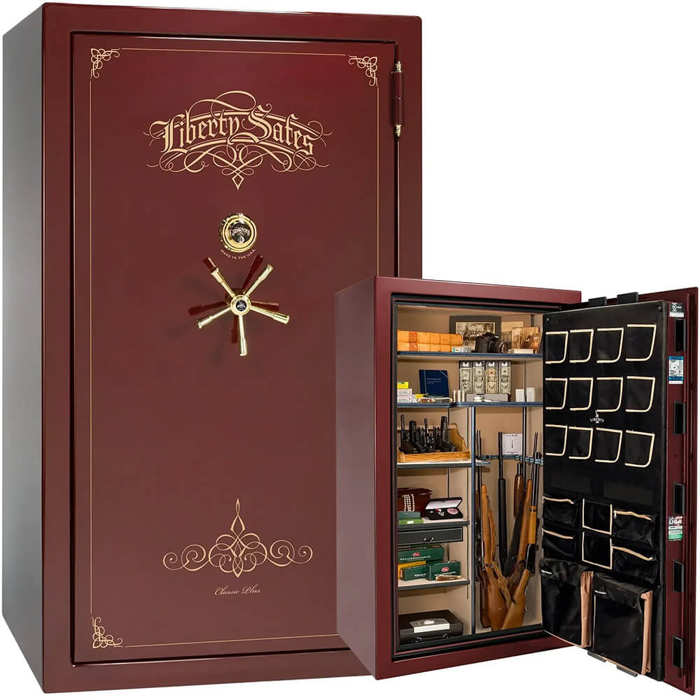 Liberty National Classic Plus 50 gun safe with burgundy gloss finish, sturdy security and interior shelving for firearm storage.