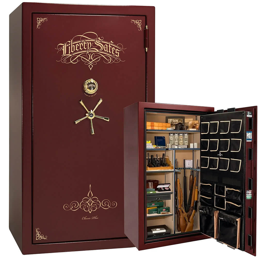 Liberty Classic Plus 50 gun safe with burgundy marble finish, sturdy steel construction, and secure locking system.