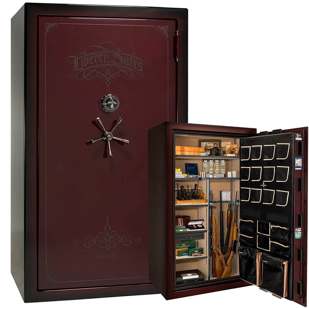 Liberty National Classic Plus 50 gun safe in burgundy metallic finish with feathered detailing, secure storage for firearms and valuables.