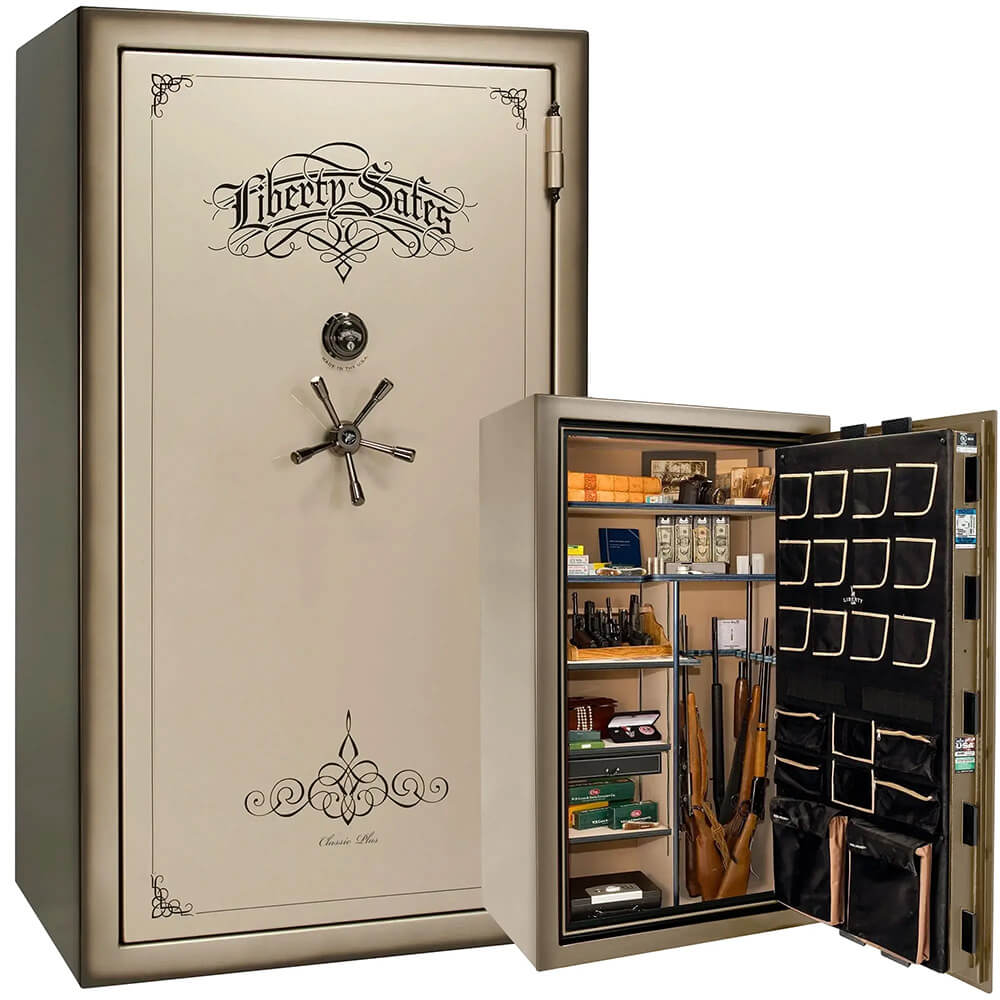 Liberty Classic Plus 50 gun safe with champagne feathered finish, secure storage for firearms and valuables.
