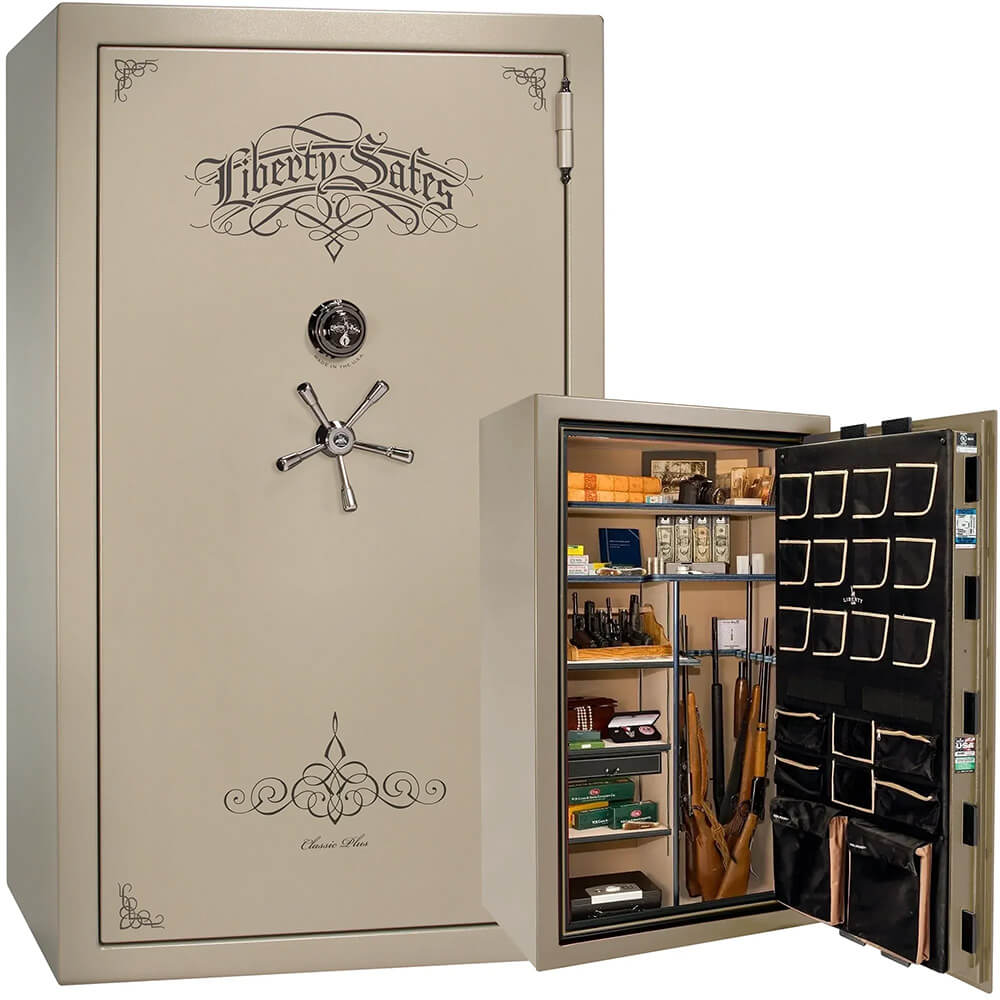 Liberty National Classic Plus 50 gun safe with champagne gloss finish, featuring a secure lock and spacious interior for firearm storage.